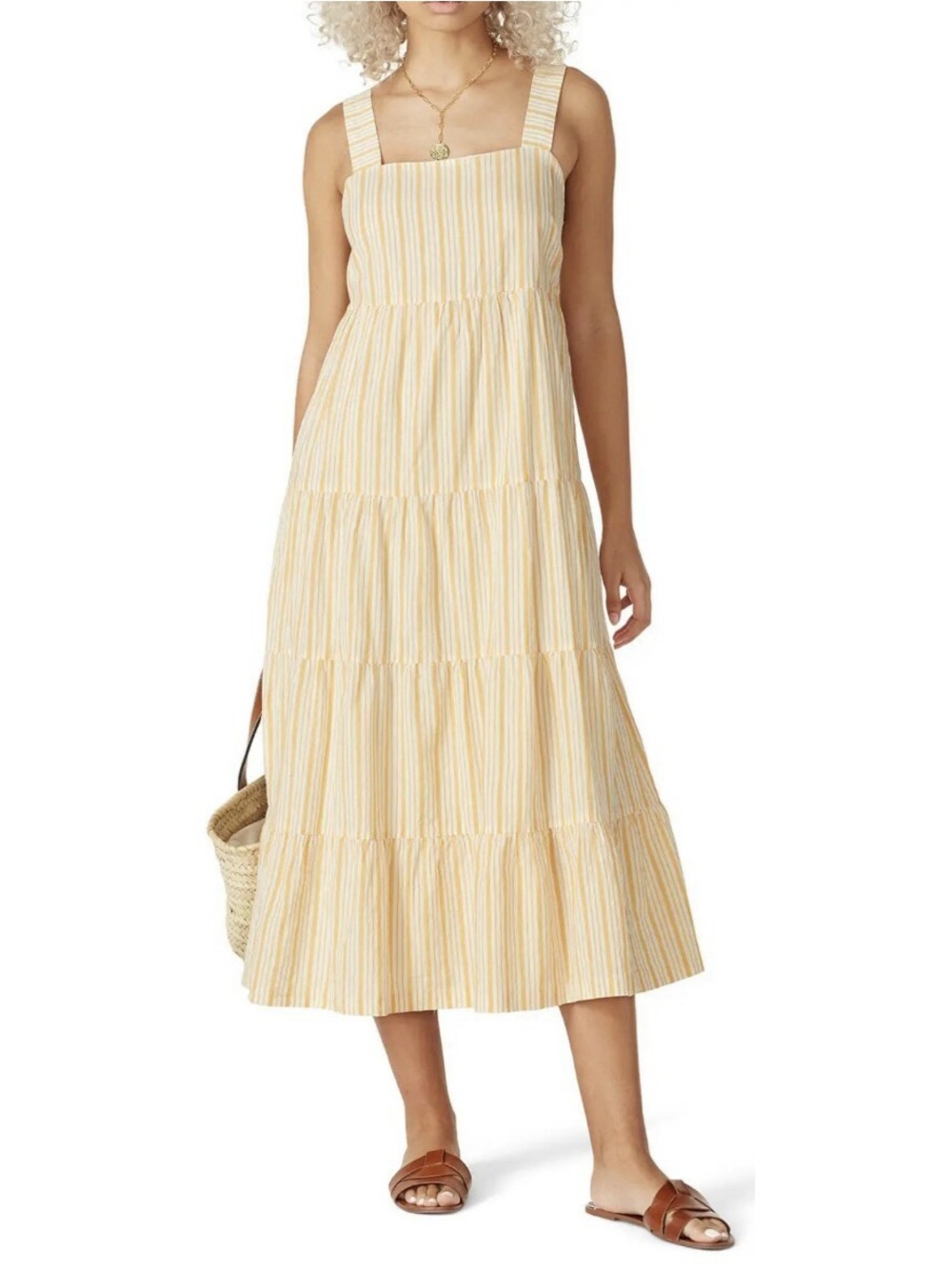 Madewell Yellow-Striped Tiered Midi Dress
